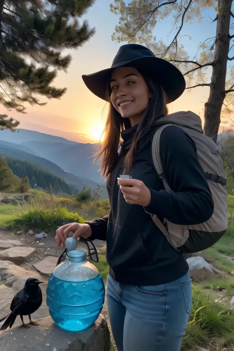 1 woman((upper body selfie, happy)), masterpiece, best quality, ultra-detailed,  solo, outdoors, (night), mountains, nature, (stars, moon)   cheerful, happy, backpack, sleeping bag, camping stove, water bottle, mountain boots, gloves, sweater, hat, flashli...