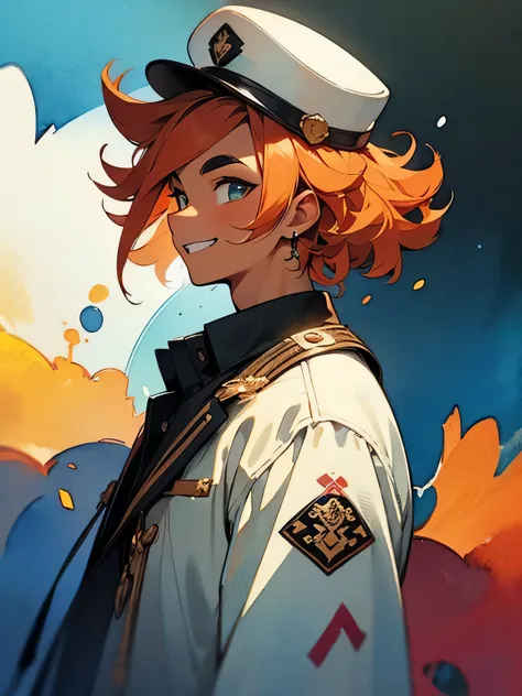 sideview,alone,  upperbody ,orange short curly hair,undercut,sideshaved,(dark skin),grin,male,males eyes, males nose ,males mouth,Thick eyebrows,Blue military uniform,sergeant hat,,like a painting, watercolor painting style, The Art of Mathematics, Officia...