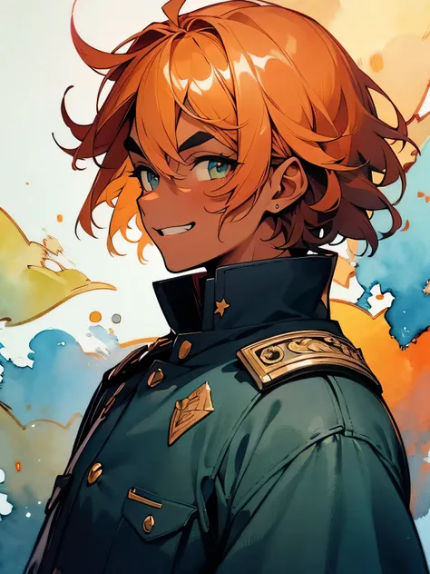 sideview,alone,  upperbody ,orange short curly hair,undercut,sideshaved,(dark skin),grin,male,males eyes, males nose ,males mouth,Thick eyebrows,Blue military uniform,sergeant hat,,like a painting, watercolor painting style, The Art of Mathematics, Officia...