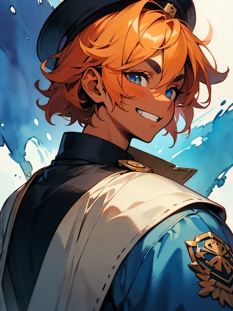 sideview,alone,  upperbody ,orange short curly hair,undercut,sideshaved,(dark skin),grin,male,males eyes, males nose ,males mouth,Thick eyebrows,Blue military uniform,sergeant hat,,like a painting, watercolor painting style, The Art of Mathematics, Officia...