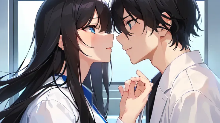 ((( black hair長髪白衣を着た女性と black hair短髪白衣を着た男性)))、 black hair、In the background of the hospital during the daytime、 an anime couple kissing,(  male and female doctors in white coats in the daytime hospital background)、 black hair、 blue eyes、 love scene betwe...