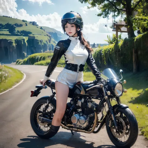 (A young female rider speeds along on a motorcycle)、Vintage Bikes、Bluff Superior SS100、Isle of Man Races、Leather jumper、Cromwell helmet with goggles、After the Rain、English countryside、(Highest quality, masterpiece, High resolution)、8k、wallpaper,masterpiece...