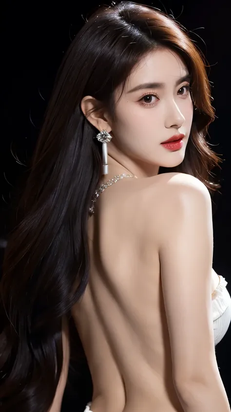 Ultra HD resolution,earrings,Long hair,Black background,Purple backless dress,necklace,H Cup,Showing cleavage,Show more breasts,Amazing breast size,nipple,Expose the areola,Breast enlargement,Smooth and beautiful back,Completely bare back,Cool white skin,B...