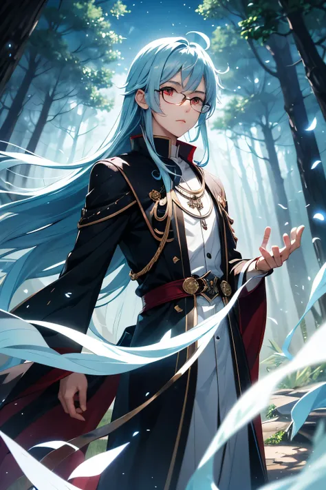  one man、young、 handsome、 long hair, Light blue hair close to white、 red eyes、Round Glasses、 magical forest 、anime, Dressed like a black wizard