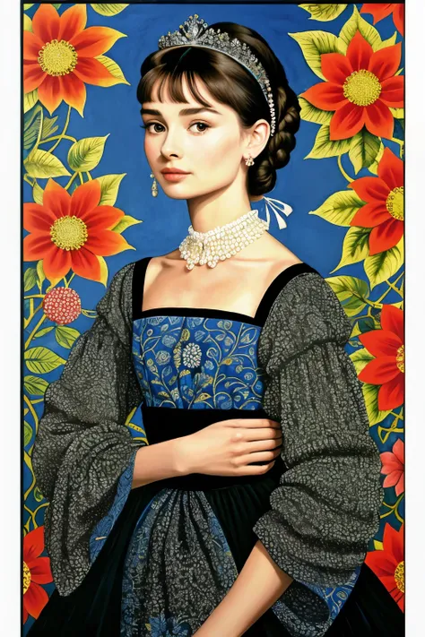 Kehinde Wiley, Sherald, Beardsley, Rousseau,  Ukrainian folk art , Rivera, Kusama , William Morris:  birds and flowers with stripes and dots with  (( masterpieces )) Create beautiful images  (( beautiful young woman Audrey Hepburn ))  high resolution Intri...