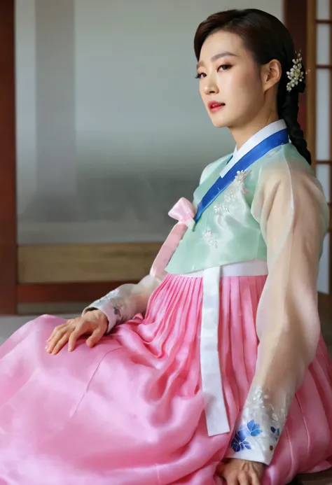 A Korean man in womens hanbok, hi is crossdresser, His face and hairstyle are very masculine, silk, Mother of the Bride hanbok Dress Outfit, breasts like a woman, white and pink, slender female body, see-through jacket, satin, little side view, full body s...