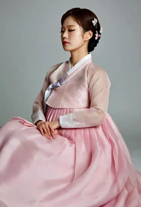 A Korean man in womens hanbok, hi is crossdresser, His face and hairstyle are very masculine, silk, Mother of the Bride hanbok Dress Outfit, breasts like a woman, white and pink, slender female body, see-through jacket, satin, little side view, full body s...