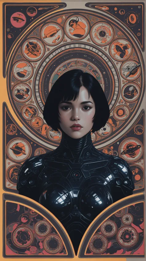 ((best quality)), ((masterpiece)), (detailed), perfect face of cyberpunk mecha japanese girl, shiny black eyes, shiny black body, shiny black hair, ((monochromatic black color palette)), surreal, art nouveau, in the illustrative style of moebius, spaceship...