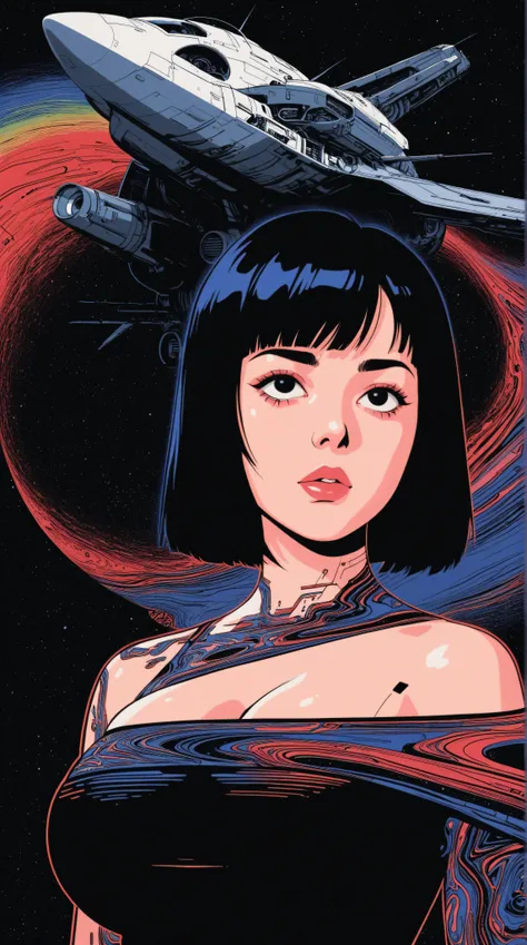 ((best quality)), ((masterpiece)), (detailed), perfect face of cyberpunk mecha japanese girl, shiny black eyes, shiny black body, shiny black hair, ((monochromatic black color palette)), surreal, in the illustrative style of moebius, spaceships, aliens, fa...