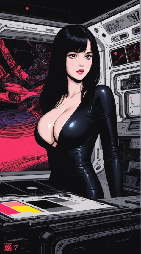 ((best quality)), ((masterpiece)), (detailed), perfect face of cyberpunk mecha japanese girl, shiny black eyes, shiny black body, shiny black hair, ((monochromatic black color palette)), surreal, in the illustrative style of moebius, spaceships, aliens, fa...