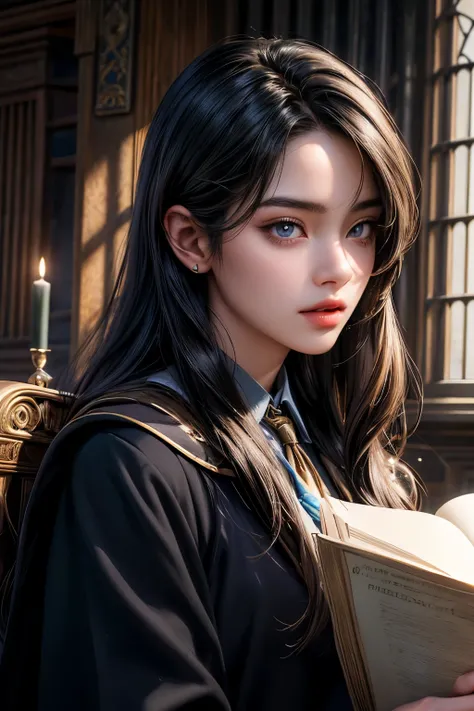 ((High quality)), ((masterpiece)), ((highly detailed)), ((modern)), ((hogwarts uniform)), perfect face, realistic, ((girl)), ((Asian)), ((gorgeous)), full body, 21 years old, Long silky black hair, detailed eyes, full lips, beautiful detailed nose, realist...