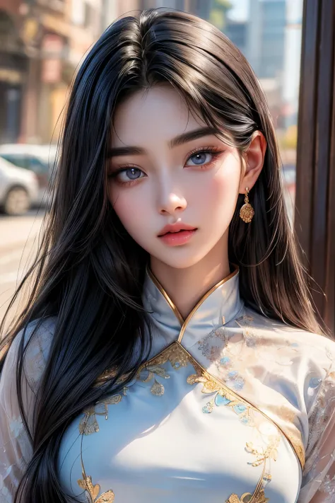 ((High quality)), ((masterpiece)), ((highly detailed)), ((modern)), ((wear Korean outfit)), perfect face, realistic, ((girl)), ((Asian)), ((gorgeous)), full body, 21 years old, Long silky black hair, detailed eyes, full lips, beautiful detailed nose, reali...