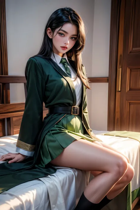 ((High quality)), ((masterpiece)), ((highly detailed)), ((modern)), ((short skirt)), ((slytherin uniform)), ((robe)), perfect face, realistic, ((girl)), ((Asian)), ((gorgeous)), full body, 21 years old, Long silky black hair, detailed eyes, full lips, beau...