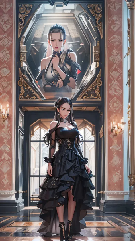  Realistic portraits,  8K Portrait Rendering , Realistic face 、 black dress,  cyberpunk art ultra realistic 8k , hyper-realistic realistic digital art 4K, Realistic digital art invited to a lavishly decorated palace。