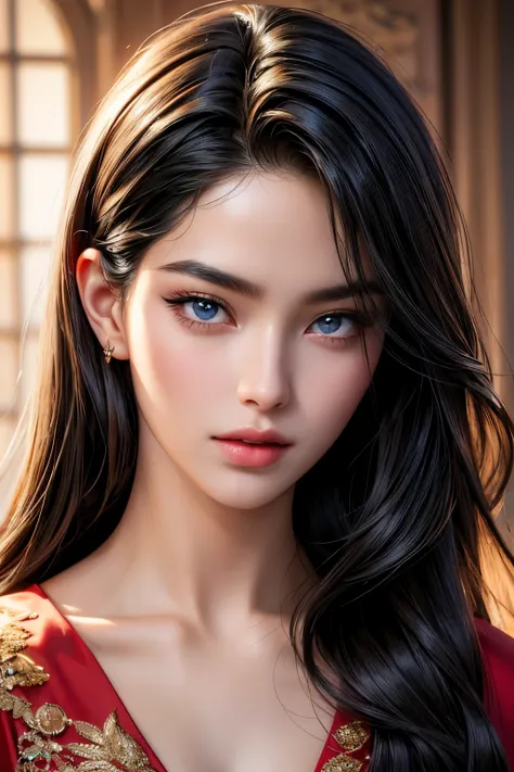 ((High quality)), ((masterpiece)), ((highly detailed)), ((modern)), ((wear red)), perfect face, realistic, ((girl)), ((Asian)), ((gorgeous)), full body, 21 years old, Long silky black hair, detailed eyes, full lips, beautiful detailed nose, realistic body,...