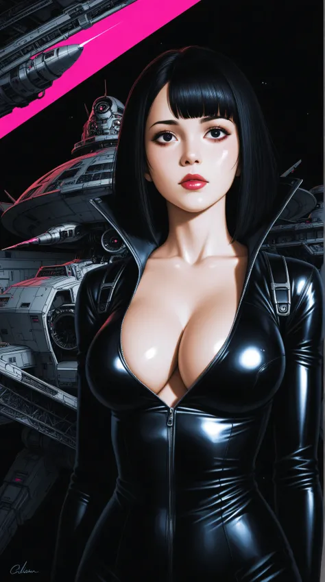 ((best quality)), ((masterpiece)), (detailed), perfect face of cyberpunk mecha japanese girl, shiny black eyes, shiny black body, shiny black hair, ((monochromatic black color palette)), surreal, in the illustrative style of moebius, spaceships, aliens, fa...