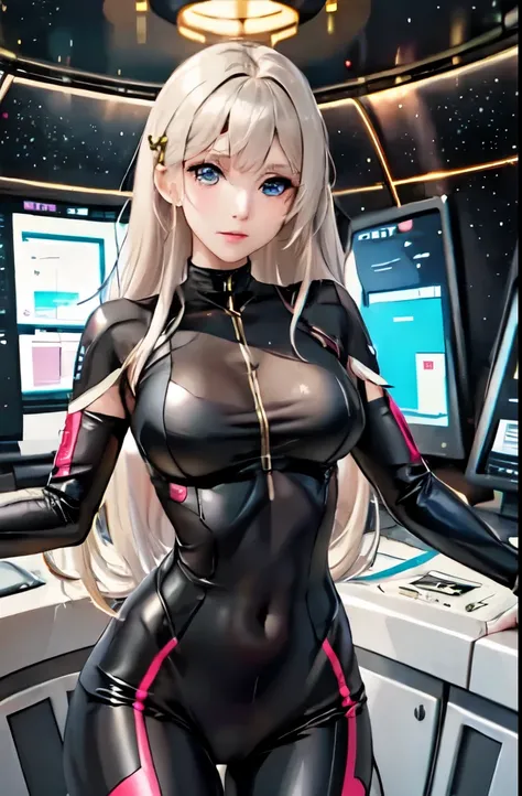 Woman with ,golden white hair,Blue eyes,,,black spacesuit