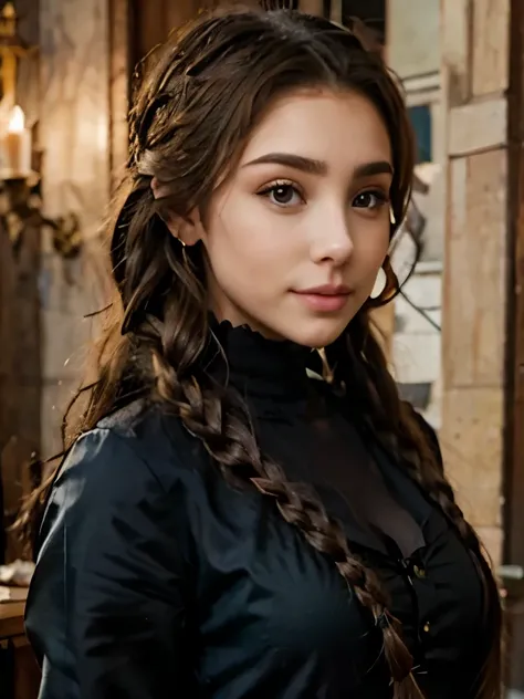 woman with long hair in a black dress and a brown jacket, a portrait inspired by Hermione Hammond, tumblr, art nouveau, long braided curly brown hair, braided brown hair, gorgeous kacey rohl, her wardrobe is attractive, olivia culpo as milady de winter, be...