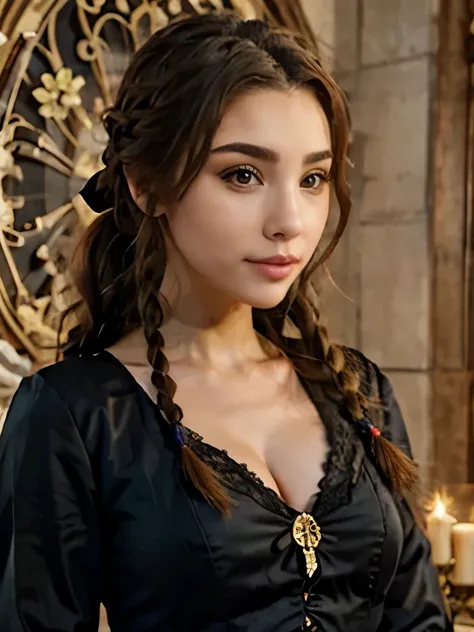 woman with long hair in a black dress and a brown jacket, a portrait inspired by Hermione Hammond, tumblr, art nouveau, long braided curly brown hair, braided brown hair, gorgeous kacey rohl, her wardrobe is attractive, olivia culpo as milady de winter, be...