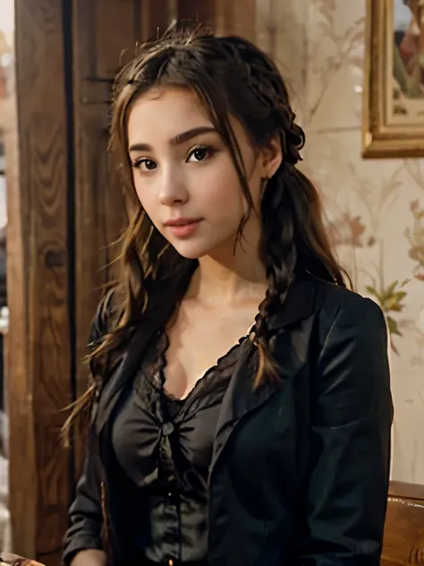 woman with long hair in a black dress and a brown jacket, a portrait inspired by Hermione Hammond, tumblr, art nouveau, long braided curly brown hair, braided brown hair, gorgeous kacey rohl, her wardrobe is attractive, olivia culpo as milady de winter, be...