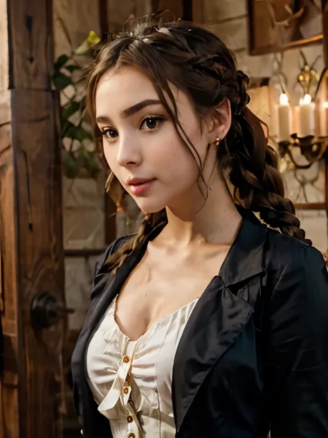 woman with long hair in a black dress and a brown jacket, a portrait inspired by Hermione Hammond, tumblr, art nouveau, long braided curly brown hair, braided brown hair, gorgeous kacey rohl, her wardrobe is attractive, olivia culpo as milady de winter, be...