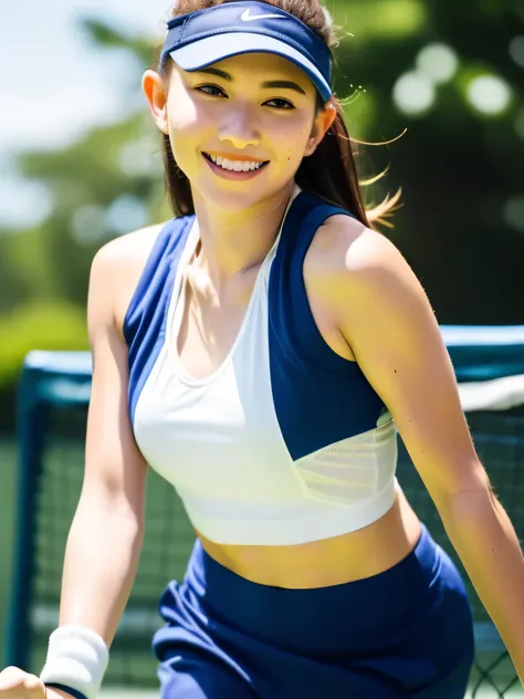 A young female tennis player dressed in a sleek blue tennis outfit stands ready, with her white undergarments visible. gripping her tennis racket with both hands in a poised and focused stance. The sunlight highlights the crisp lines of her attire and the ...