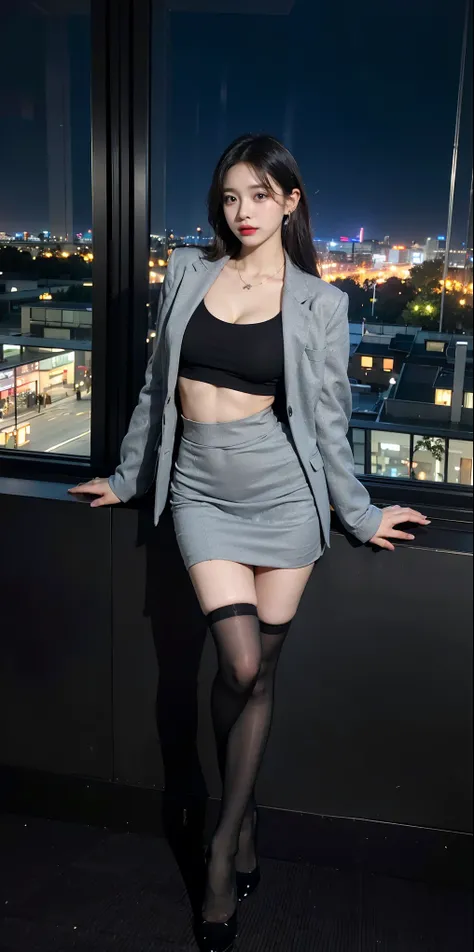 At the office， young and beautiful girl ， suit，gray blazer，lace bandeau underwear，torn skirt。  big and wide hips ，  thin waist  ，round upper body ，Saturated ，  perfect body  。dressed up with jewelry，necklace，earring，see，  high heels，  black stockings  。Pai...