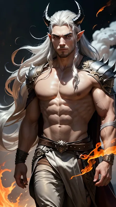 Portrait of a muscular, handsome and manly young adult male, menacing look, golden dragonic horns, pale skin, glowing silver eyes, gray and silver long hair, pointy ears, wearing burnt rags. Simple background. Walking towards us through smoke.