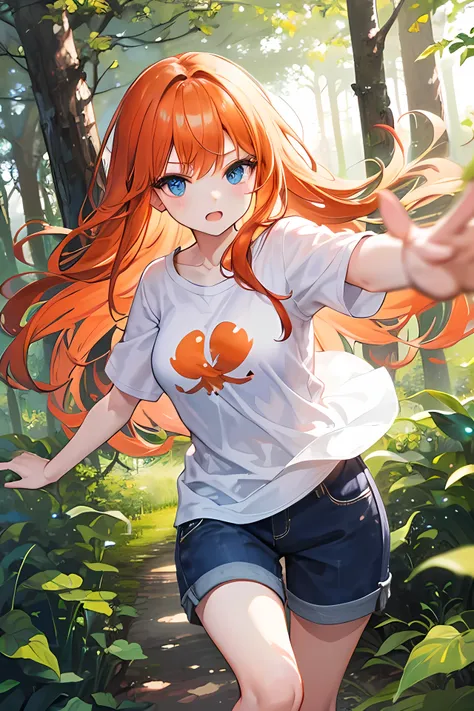  orange hair, blue eyes, long hair, young girl, forest background, modern style , casual clothes, an attack