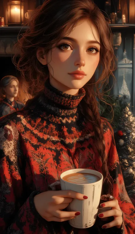 A beautiful woman with beautiful eyes:1.2, detailed eyes, beautiful full lips, highly detailed eyes and faces, long eyelashes, cute expression, smile, sitting:1.4, holding a cup of hot latte, homely background, Christmas sweater, fireplace, warm light, det...