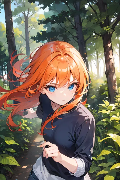  orange hair, blue eyes, long hair, young girl, forest background, modern style , casual clothes, an attack