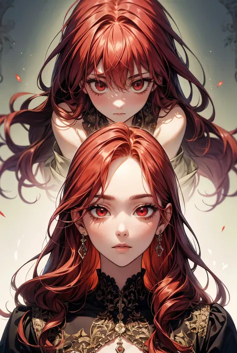 (extreamly delicate and beautiful:1.2), 8K,(masterpiece:1.0),(best_quality:1.0), 1 girl, and intricate detailing, Enlarged textures, and intricate detailing, finely eye and detailed face, and intricate detailing, red curl medium long hair, (closed mouths),...