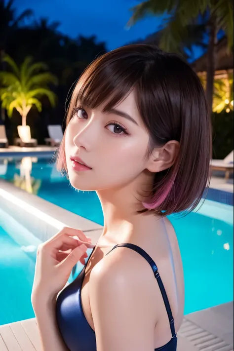 photorealistic、( Perfect Anatomy)female 1 person、(The age is 32:1.2)、 hairstyle is bob cut、Hair color is brown、Applying blush to the cheeks、Wearing false eyelashes、 wearing silver colored contact lenses、There are light eyeshadows、 lips are pink and glossy、...