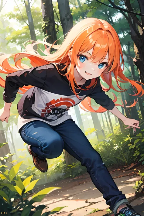  orange hair, blue eyes, long hair, young girl, forest background, modern style , casual clothes, an attack with cool smile, actions