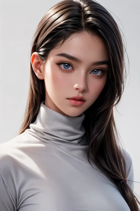 ((High quality)), ((masterpiece)), ((highly detailed)), ((white background)), ((grey background)), ((red shirt)), ((turtleneck shirt)), perfect face, realistic, ((girl)), ((Asian)), ((gorgeous)), full body, 21 years old, Long silky black hair, detailed eye...