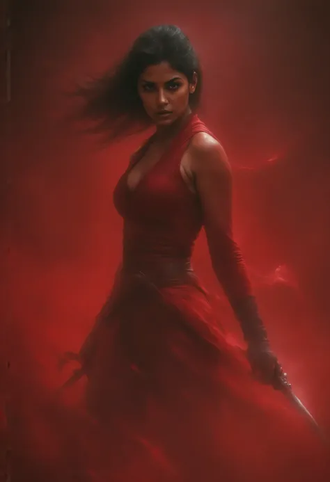 (( top quality)), ((masterpiece)), (detail), heavenly beauty Aishwarya , perfect facial detail , perfect finger details,fit curvy body , Beautiful legs,Greek woman act as superhero Elektra Marvel, fighting action, Elektra vs akuma,Elektra movie