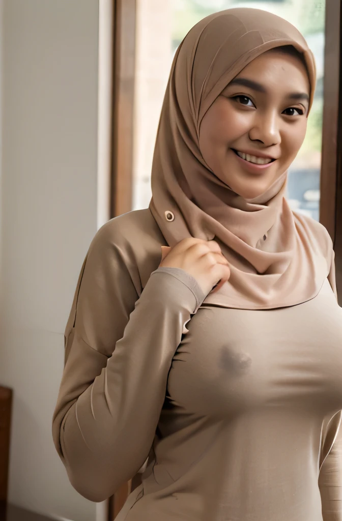 ((25 years old, Indonesian woman, woman, Hijab, Wearing Tight Long-Sleeve T-shirt))), ((Natural Gigantic Breast : 1.4)), casual Pose, Smiling face, Deep photo, Full body shot, 32K Best Quality photo, Ultra-high reallistic Photos, indoor, hand in the air po...