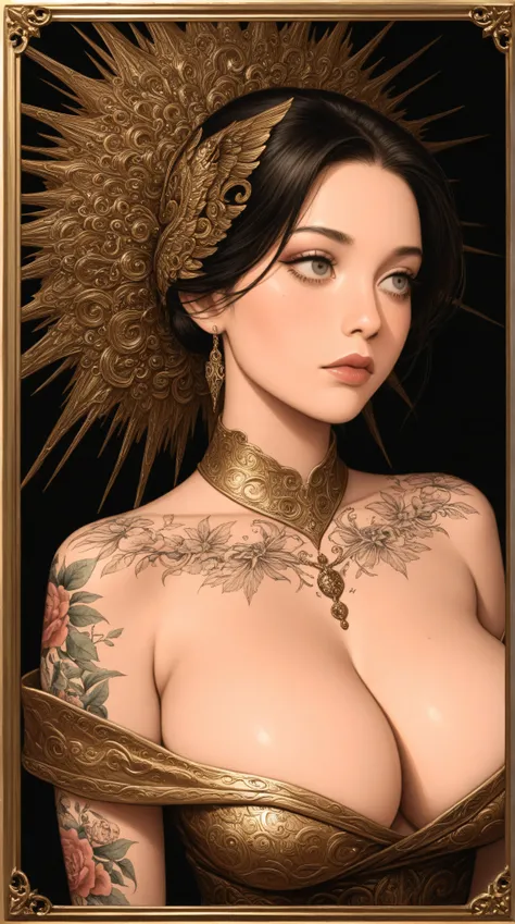 ((best quality)), ((masterpiece)), (detailed), ((perfect face)), surreal, in the illustrative style of moebius, sparrows, fantasy, ethereal, gold border, graphic novel, line drawing, japanese, traditional, vintage, elegant, chic, sophisticated, tattooed fa...