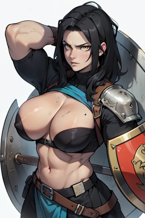 (shield sword) black hair yellow eyes pale skin ample bosom huge muscles serious expression