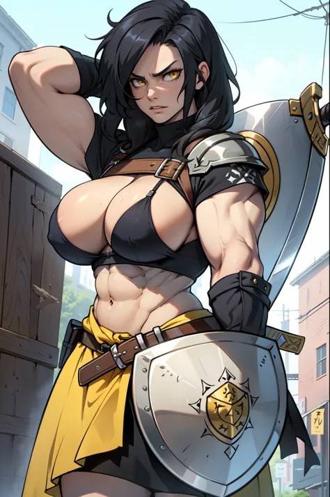 (shield & sword) (shield & sword) (shield & sword) black hair yellow eyes pale skin ample bosom huge muscles serious expression