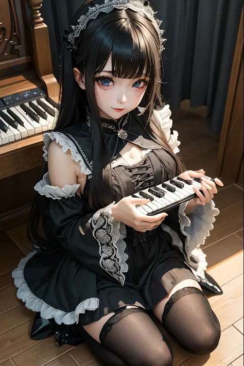 ハードな dark gothic メイク、Dark black eyeshadow、 sad、Good skin radiance、 dark gothic 、 dark smile 、palace、The beauty of fragrance、24 years old、 knee-high socks、 pantyhose、 the expression of masturbation、 play a synthesizer 、The synthesizer shines、 My pot is shin...