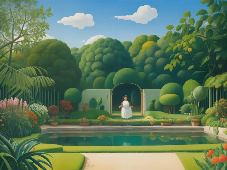 Paintings by Henri Rousseau 　A fat woman is floating in the air off the ground　garden　blue sky　