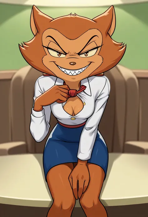 score_9,score_8,source_furry,
pamela_bondani, pamela_patrol03, cat girl, 1girl, skirt, solo, necktie, teeth, shirt, white shirt, furry, smile, jacket, blue skirt, grin, blue jacket, buttons, brown fur, long sleeves, looking at viewer, furry female, sitting...