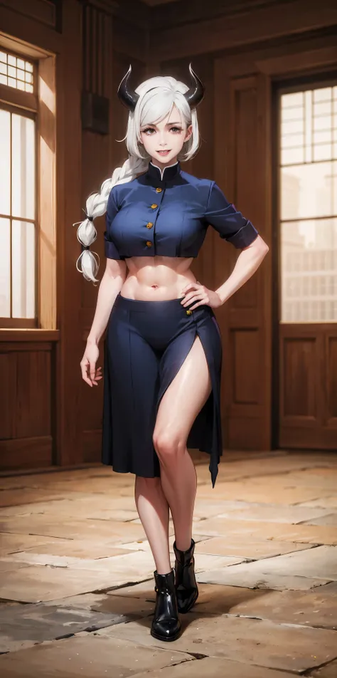 A full-bodied girl standing, nice ass, maid of honor, Hairstyle with a white braid, white hair, blind, Perfect lighting , muscular, thighs, mature woman, mummy, belly button, Abdominals , look at the spectator ( masterpiece, HIGH QUALITY: 1.1) smile,...