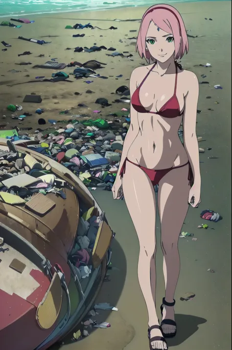 anime style, solo, 1 woman, (wide shot:1.9), (less details:1.2), (standing), (bold drawing lines:1.2), (light exposure:1.5) , very high resolution, perfect anatomy, 1girl, haruno sakura, (off-shoulders, very pale skin, forehead mark), ((red bikini:1.4)), l...