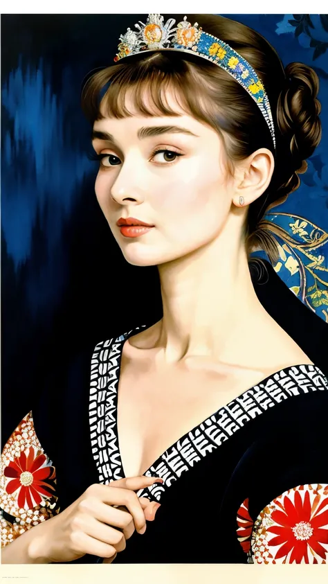 Kehinde Wiley, Sherald, Beardsley, Rousseau,  Ukrainian folk art , Rivera, Kusama , William Morris:  birds and flowers with stripes and dots with  (( masterpieces )) Create beautiful images  ((Beautiful-faced girl gets a picture of Audrey Hepburn)) High re...