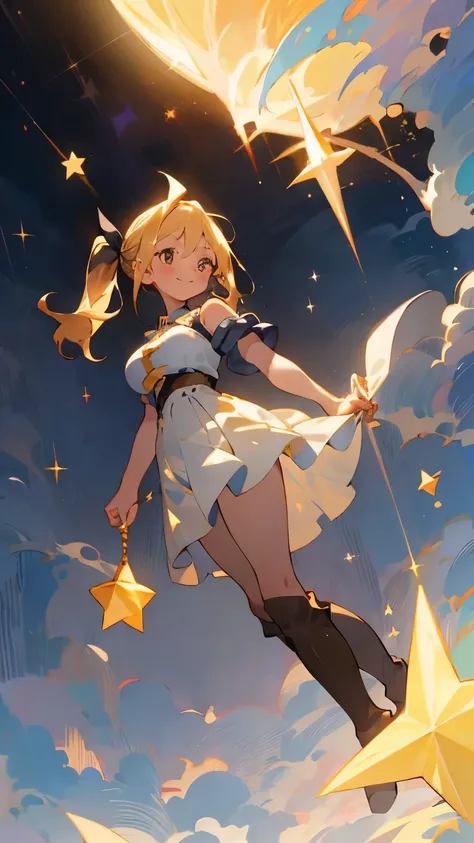 16-year-old girl、One girl, View palm、Expressionless、Fantastic look、Fairy, Pointed Ears, Composition viewed diagonally from below, looking down.masterpiece, highest quality, High resolution, Lucy Heartfilia, Lucy Heartfilia, One girl, alone, Blonde Hair, Br...