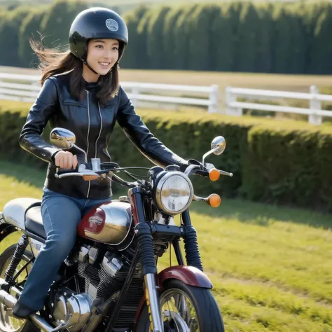 (A young female rider speeds along on a motorcycle)、Vintage Bikes、Bluff Superior SS100、Isle of Man Races、Leather jumper、Cromwell helmet with goggles、After the Rain、English countryside、(Highest quality, masterpiece, High resolution)、8k、wallpaper,masterpiece...