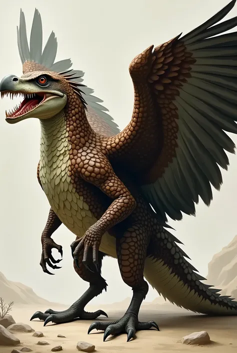 Crocodile and Eagle Hybrid: "Design a dangerous hybrid animal, merging the body of a massive crocodile with the sharp, predatory wings of an eagle. The creature has fierce talons, a terrifying, elongated snout filled with razor-sharp teeth, and eyes that r...