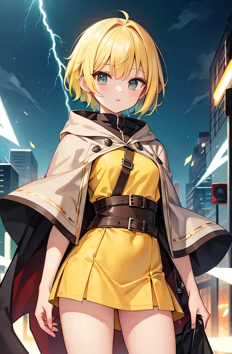 Lightning Spirit　 yellow hair　 pixie cut　 yellow clothes 　 brown miniskirt　light green cloak